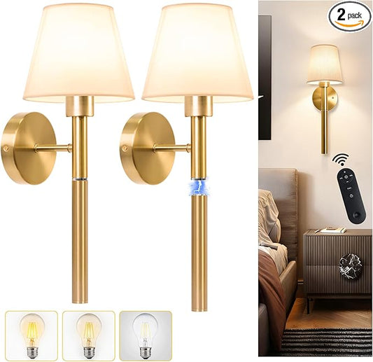 Battery Operated Wall Sconce Set of Two, 5200mAh Magnetic-Handle Rechargeable Sconces Wall Decor with Remote, Gold Wireless Wall Lights Lamp for Bedroom Living Room Home Decor(1 Spare Bulb)