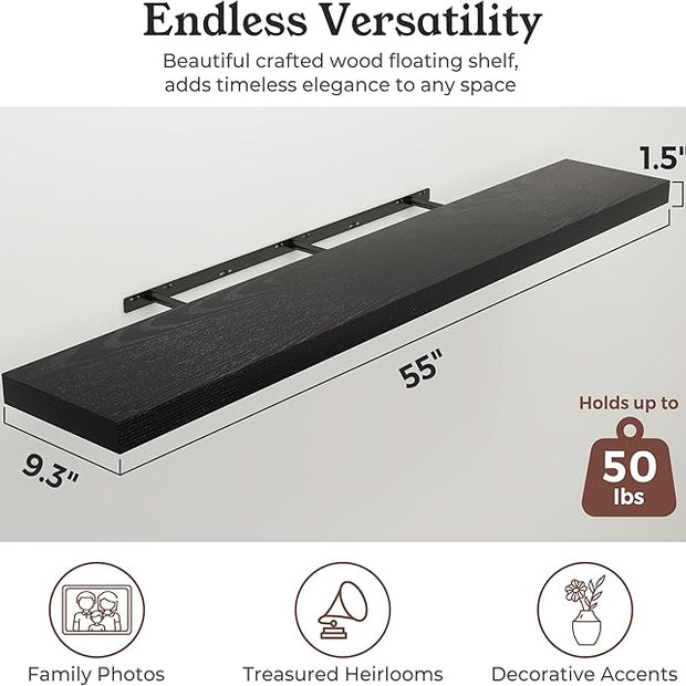 Floating Shelves for Wall, 9.3" Deep Wall Mounted Wood Shelves for Bathroom, Bedroom, Living Room, Kitchen, Hanging Shelf for Books/Storage/Room Decor (Black, 55")