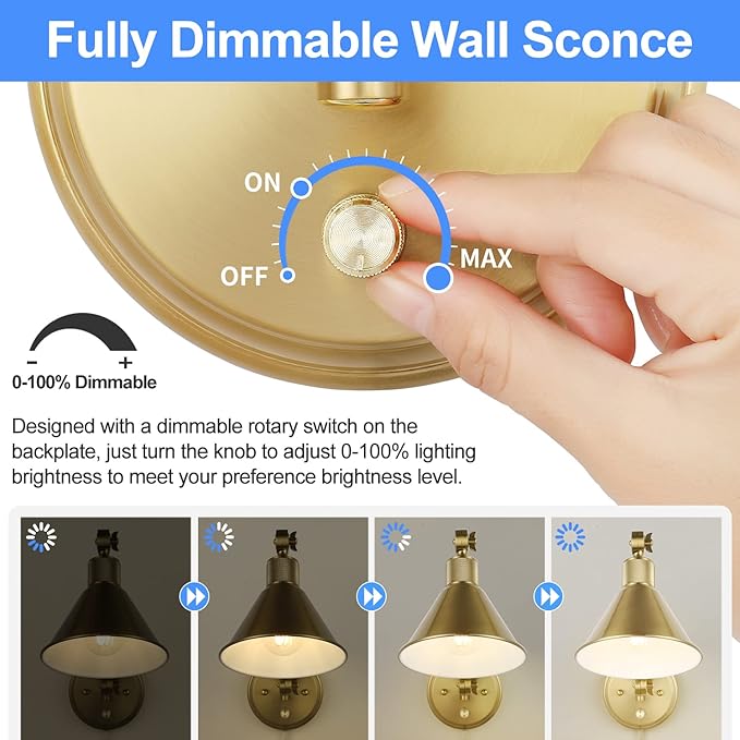 TRLIFE Wall Sconce Plug in, Dimmable Wall Sconce Brushed Brass Swing Arm Wall Lights with Plug in Cord and Dimmer On/Off Knob Switch, Wall Mounted Light for Bedside Bedroom Stairway (1 Pack, 1 Bulb)