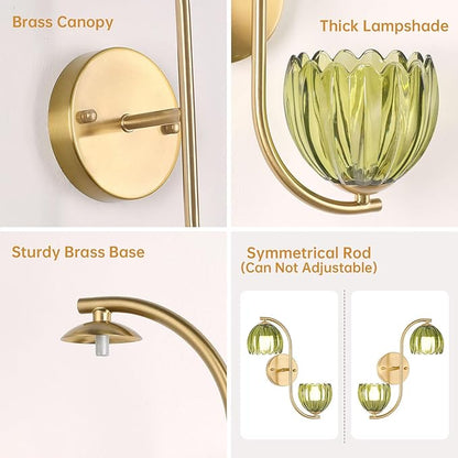 Battery Operated Wall Sconce, 2-Lights Vinatge Brass Wall Lighting Up and Down with Green Tulip Shade for Living Room, Bedroom, Symmetrical 2 Pack