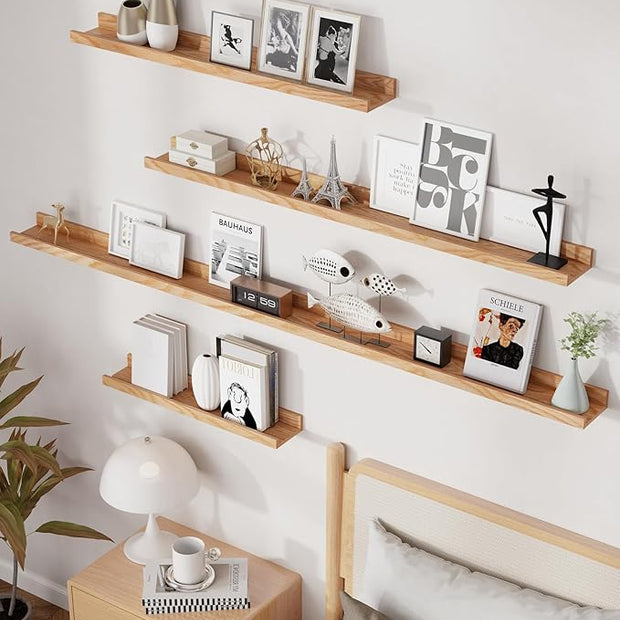 Axeman Oak Picture Ledge Shelf, 24 Inch Floating Shelves Set of 2, Solid Oak Wood Wall Shelves with Lip, Wall Decor Storage for Bedroom Living Room Bathroom Kitchen Nursery Photo Picture, Natural Oak