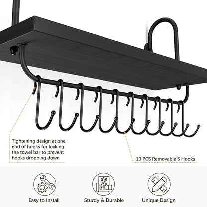 Olakee Floating Wall Shelves for Kitchen Bathroom Coffee Nook with 10 Adjustable Hooks for Mugs Cooking Utensils or Towel Rustic Storage Shelves Set of 2/17x5.9 inch (Black)