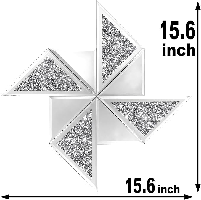 Set of 2 Diamond Decorative Mirrors, Cute Pinwheel Shape Wall Mirror, Crushed Diamond Glass Mirror for Home Décor. (15.6”x15.6”)