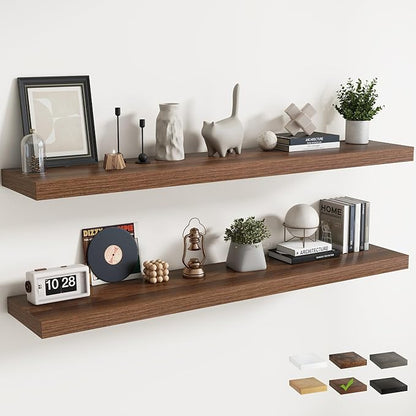 72 Inch Long Floating Shelves for Wall Set of 2, 12"D Wood Grain Bathroom Shelves with Invisible Brackets, Easy Install Engineered Wood Storage Shelves for Kitchen, Living Room, Bedroom, Walnut Finish
