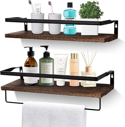 AGM Floating Shelves, 16.5 Bathroom Floating Shelf Set of 2, Carbonized Black Wall Storage Shelf with Towel Bar, Wall Mounted Shelves for Plants, Book, Bedroom, Kitchen, Living Room Decoration