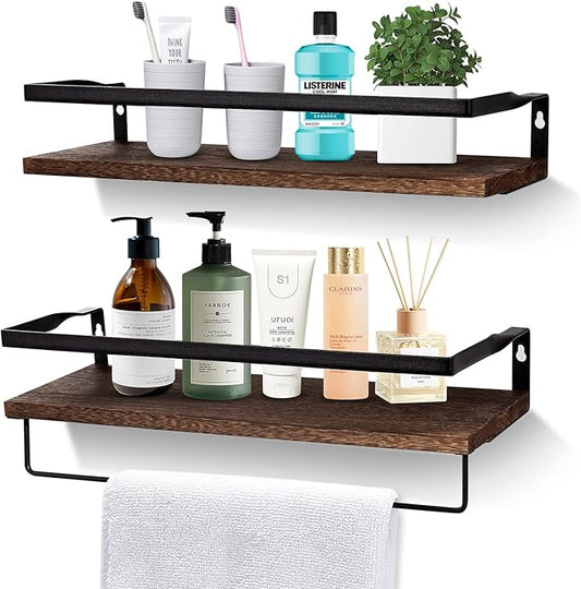 AGM Floating Shelves, 16.5 Bathroom Floating Shelf Set of 2, Carbonized Black Wall Storage Shelf with Towel Bar, Wall Mounted Shelves for Plants, Book, Bedroom, Kitchen, Living Room Decoration