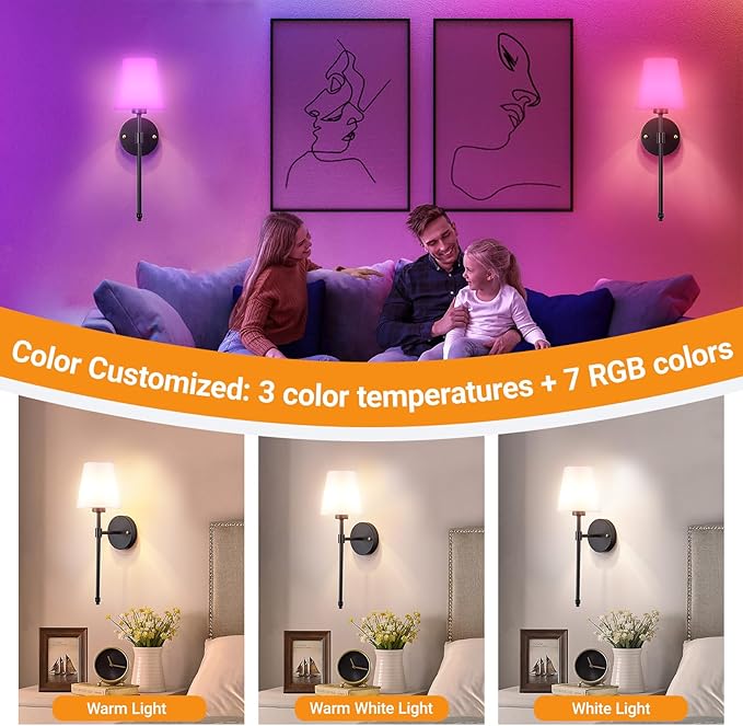 Battery Operated Wall Sconces Set Of 2, Wireless Battery Wall Light With 10000mAh RGB Rechargeable Magnetic Bulb, Rechargeable Wall Sconce With Remote Control For Bedroom, No Electrician Required