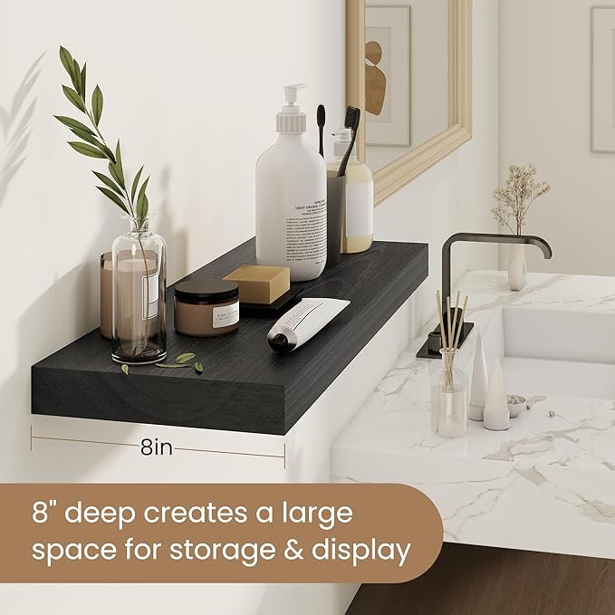 Floating Shelves for Wall, Real Wood Floating Shelf Set of 2, 8 Inch Deep Floating Shelves, Rustic Wood Wall Shelf for Home Decor, Deep Storage Shelves for Bathroom, Kitchen, 16