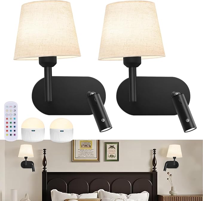Battery Operated Wall Sconces Set of Two, Wireless Black Wall Lights with 10000mAh RGB Rechargeable Bulb and Remote Control, Sconces Wall Decor for Bedroom Living Room 11.2 in