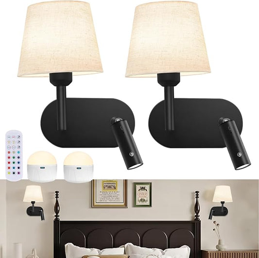 Battery Operated Wall Sconces Set of Two, Wireless Black Wall Lights with 10000mAh RGB Rechargeable Bulb and Remote Control, Sconces Wall Decor for Bedroom Living Room 11.2 in