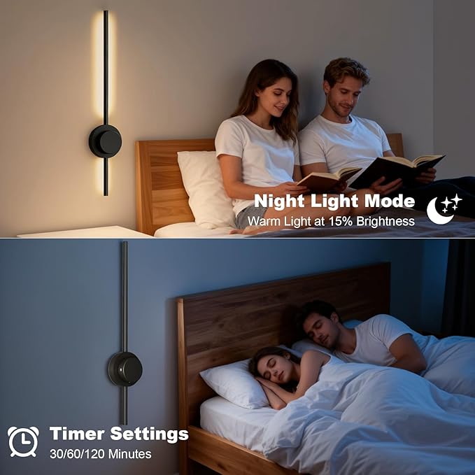 Rechargeable Wall Sconce Lights with Remote, Battery Operated Wall Lights 3 Color Temperature, Dimmable Wireless Wall Lamp Black 70CM for Living Room Bedroom Hallway 2 Pack