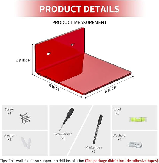 6 Inches Acrylic Small Wall Shelves, Red Floating Shelf for Wall Mounting, Acrylic Display Ledges for Funko Pop Figures, Home Décor, Living Room, Gaming Room, Plants, 2 Pack