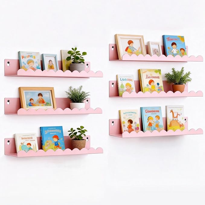 Nursery Book Shelves Set of 6, Pink Metal Floating Shelves for Wall, 16 Inch Scalloped Book Shelf for Kids Room, Bathroom, Bedroom, Playroom Wall Decor & Storage
