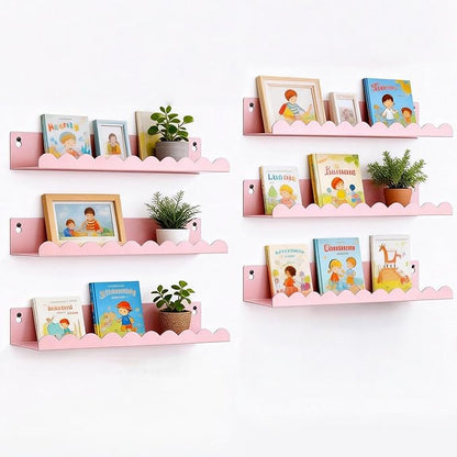Nursery Book Shelves Set of 6, Pink Metal Floating Shelves for Wall, 16 Inch Scalloped Book Shelf for Kids Room, Bathroom, Bedroom, Playroom Wall Decor & Storage