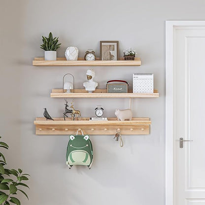 MBYD Natural Wood Shelf with Hooks, Floating Shelves for Wall Bathroom Shelves, Wall Mounted Nursery Bookshelf for Kids Room, Toy Storage Shelf for Bedroom Picture Ledge Shelves (Natural, 36 Inch)