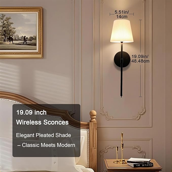 10,000mAh Rechargeable Battery Operated Wall Lights with Fabric Shade, Wireless Sconces with Remote and Touch Control, Dimmable 3 Color Temperature for Bedroom Living Room Hallway, Black 1PCS