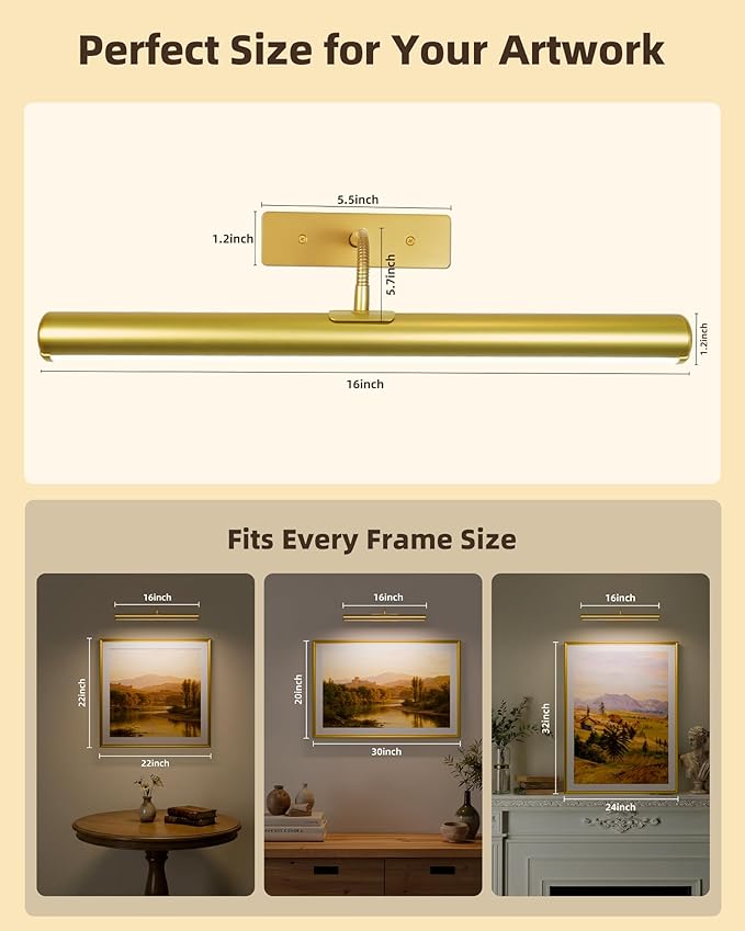 EZVALO Picture Lights for Wall, 6000mAh Rechargeable Battery 16″ Painting Light with Remote, 3 Color Temps Wireless Art Light for Gallery, Living Room, Hallway (Gold)