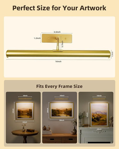 EZVALO Picture Lights for Wall, 6000mAh Rechargeable Battery 16″ Painting Light with Remote, 3 Color Temps Wireless Art Light for Gallery, Living Room, Hallway (Gold)