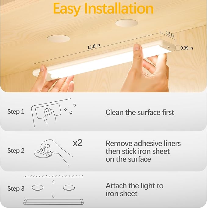 51-LED Motion Sensor Under Cabinet Lights, Magnetic Rechargeable Under Counter Closet Lighting, Wireless Light Bar Stick-On, 2-Pack, Warm White