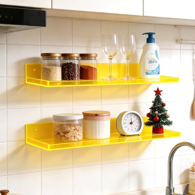 Floating Shelves for Wall Acrylic Wall Shelves for Bedroom Bathroom Living Room Kitchen 16.5X5.5'', Pack of 2, Neon Yellow