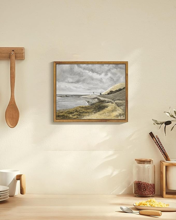 SHENIFY Coastal Framed Canvas Wall Art Vintage Landscape Seascape Classic Hallway Kitchen Office Decor - 8x10in Natural Framed