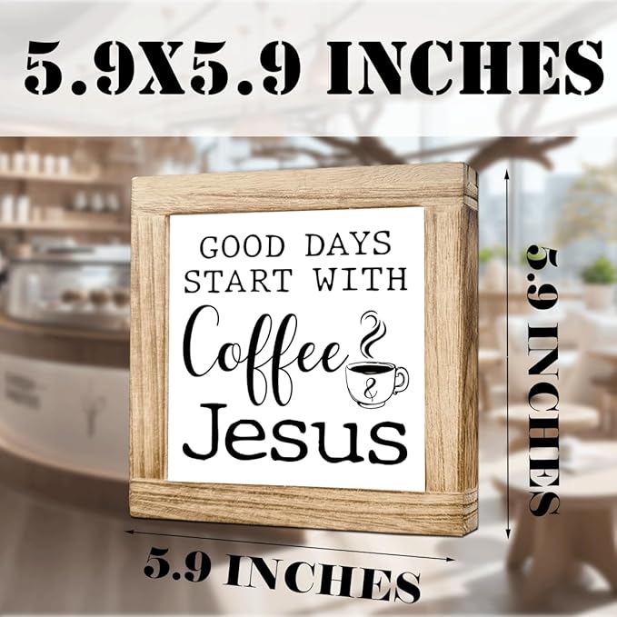 Christian Coffees Decoration Wood Coffee Sign Good Days Start With Coffee And Jesus Farmhouse Cafe Sign Table Decor for Kitchen Home Office Bar Handmade Wooden Cafe Signs 5.9x5.9 Inch
