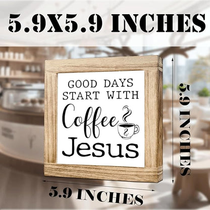 Christian Coffees Decoration Wood Coffee Sign Good Days Start With Coffee And Jesus Farmhouse Cafe Sign Table Decor for Kitchen Home Office Bar Handmade Wooden Cafe Signs 5.9x5.9 Inch