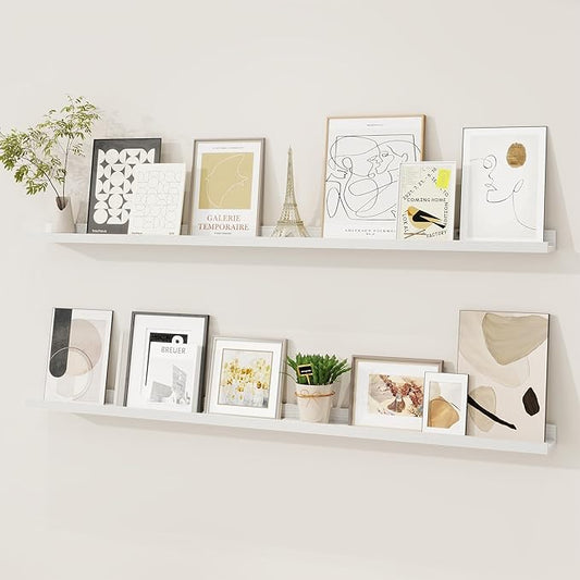 Picture Ledge Shelf, Solid Pine Wood Floating Shelves Set of 2, 48 Inches Nursery Book Shelves for Toys Storage, Kids Bookshelf Wall Mounted for Living Room Bedroom Decor Books Photo Frames, White