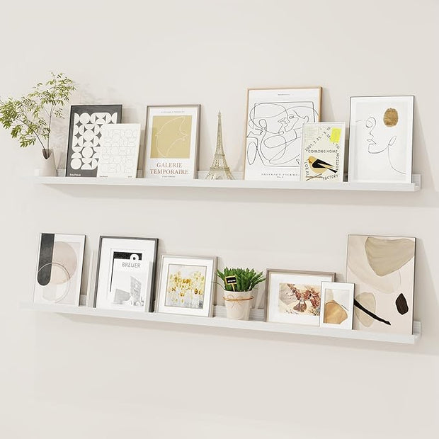 Picture Ledge Shelf, Solid Pine Wood Floating Shelves Set of 2, 48 Inches Nursery Book Shelves for Toys Storage, Kids Bookshelf Wall Mounted for Living Room Bedroom Decor Books Photo Frames, White