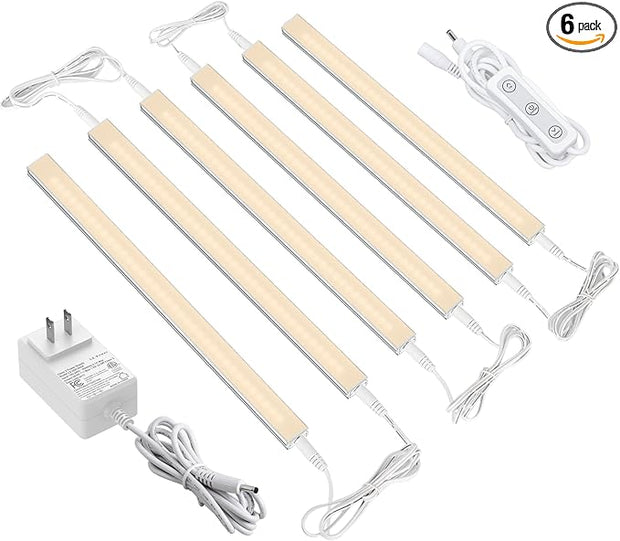 ASOKO Dimmable Under Cabinet Lighting - 6 Pcs 12 Inch Linkable Led Counter Light Bars, Warm White 2700K, DC24V 1320Lumens, 18W Shelf Lighting (ETL Plug)
