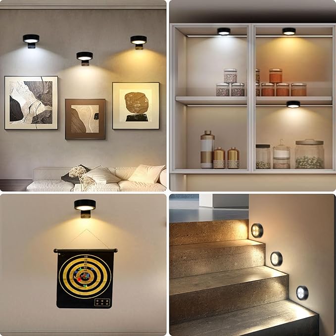3Pcs Rechargeable Battery Picture Light,Wall Lights for Pictures with Remote Dimmable and Timer,3 Lighting Modes Magnetic Art Display Light for Paintings Battery Operated-Black