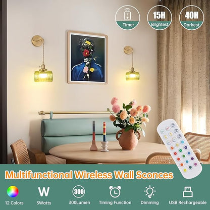 Battery Operated Wall Sconce with Green Striped Shade Pattern Glass Adjustable Chain Retro Gold Wall Mounted Light, Modern Wall Lamp Fixtures Decor for Bedside Bedroom Indoor Doorway