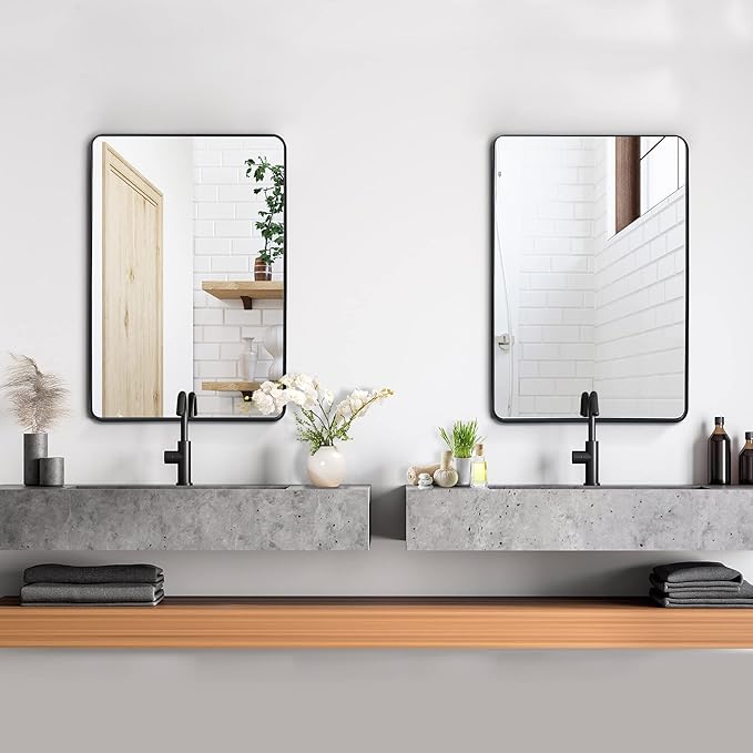 ZenStyle 2 Packs Wall Mount Mirror for Bathroom, 24 x 36 Inch Black Metal Framed Rounded Corner Rectangular Mirror with Peaked Trim for Entryways, Living Rooms, Bathrooms