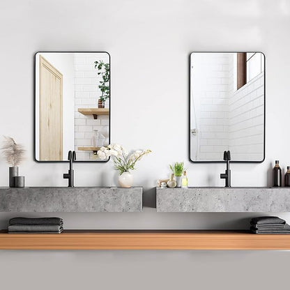 ZenStyle 2 Packs Wall Mount Mirror for Bathroom, 24 x 36 Inch Black Metal Framed Rounded Corner Rectangular Mirror with Peaked Trim for Entryways, Living Rooms, Bathrooms