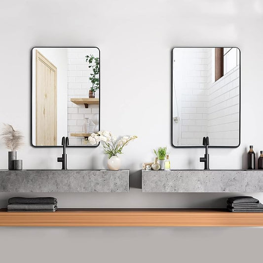 ZenStyle 2 Packs Wall Mount Mirror for Bathroom, 24 x 36 Inch Black Metal Framed Rounded Corner Rectangular Mirror with Peaked Trim for Entryways, Living Rooms, Bathrooms