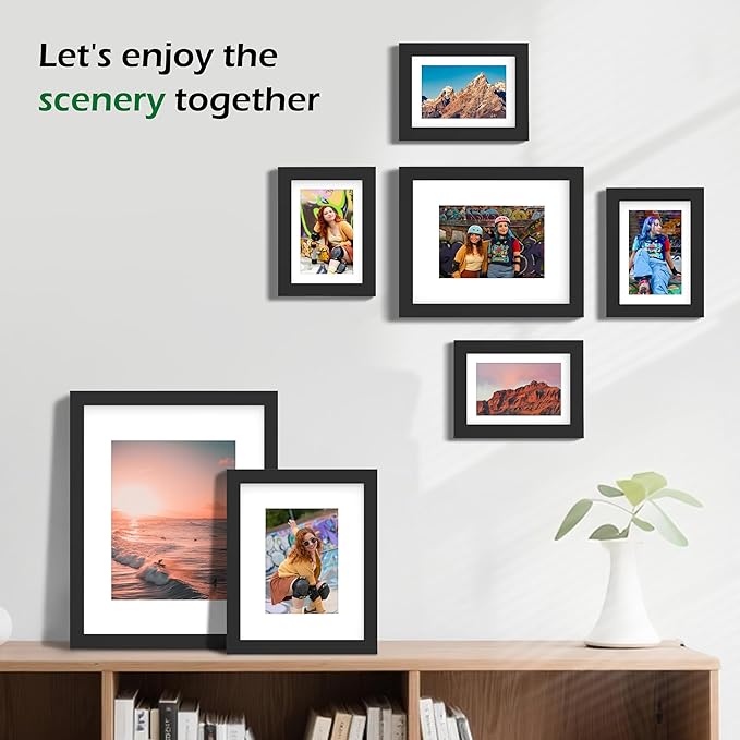 FrameWorks 7-pc Set Collage Wall Wooden Picture Frames Tempered Glass/Black / 1-11"x14", 2-8"x10", 4-5"x7"