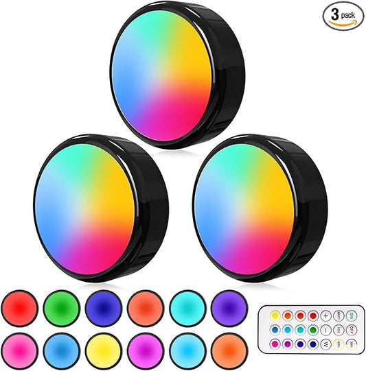 ILYXY LED Puck Lights with Remote, 3 Pack Under Cabinet Lighting, Battery Operated Push Light, Dimmable & Color Changing Tap Lights, Stick-On, Shiny Black