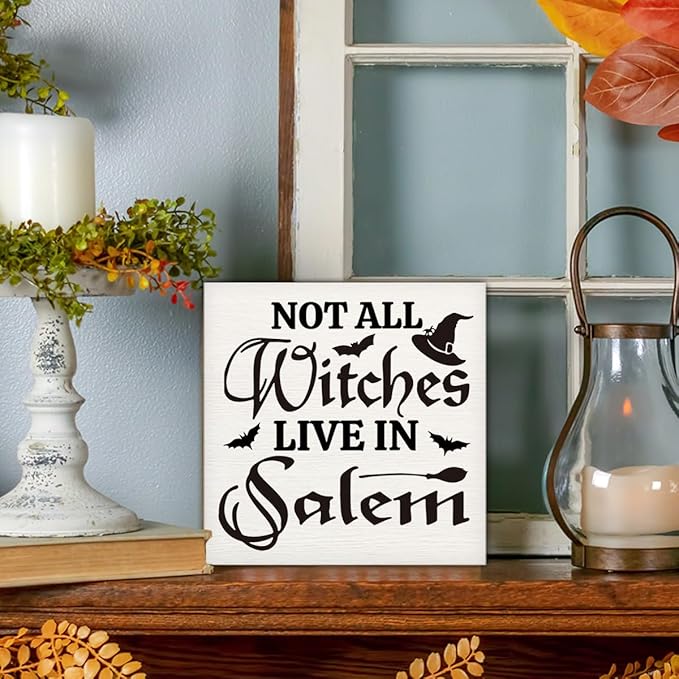 Rustic Halloween Box Sign Decor Tabletop, Halloween Party Decorations for Haunted House, Farmhouse Decor, Kitchen Decoration for Shelf, Not Every Witch Lives in Salem Sign Wooden Plaque 5 * 5inch