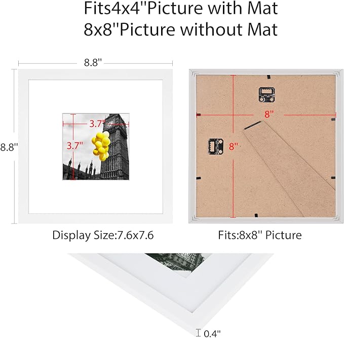 8x8 Picture Frame Set of 9, Display Pictures 4x4 with Mat or 8x8 without Mat, Multi Collage Gallery Square Photo Frames for Wall or Tabletop, White