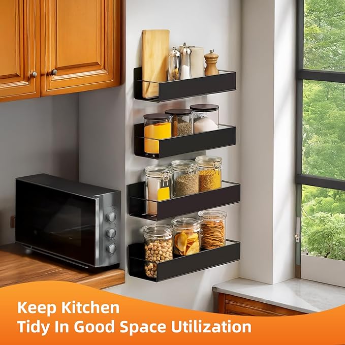 Spice Rack Wall Mount: 4 Packs Oversize Pantry Organization And Storage Rack Without Drilling - 11.8 Inch Black Large Adhesive Hanging Kitchen Spice Racks for Smooth Wall - Seasoning Rack
