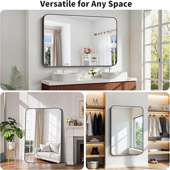 Koonmi Black Framed Bathroom Mirror - 36x55 Inch Shatterproof Tempered Glass Vanity Mirror for Bathroom Sink, Wall Mounted with Matte Aluminum Alloy Frame, No Distortion, Modern Decor