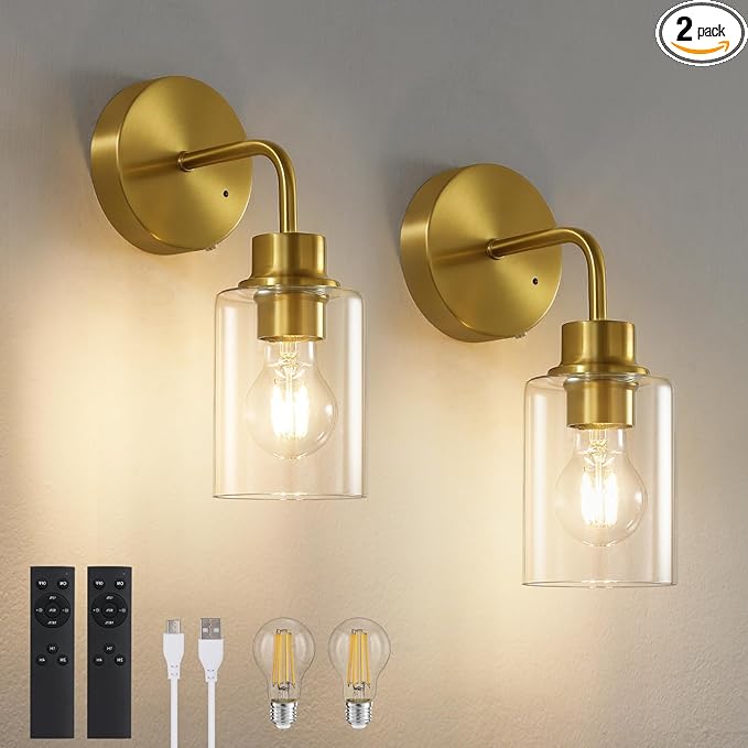 Battery Operated Wall Sconce Set of Two - Dimmable Wireless Sconces Set of 2 with Remote Control, Cordless Rechargeable Gold Wall Lights 3000K Modern wall lamp for Bathroom Bedroom Living Room