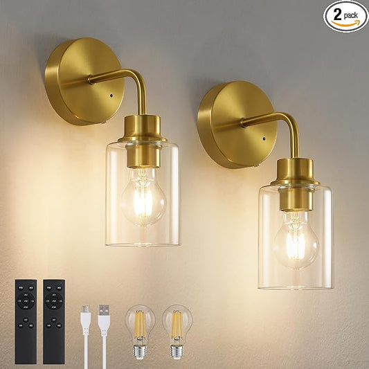 Battery Operated Wall Sconce Set of Two - Dimmable Wireless Sconces Set of 2 with Remote Control, Cordless Rechargeable Gold Wall Lights 3000K Modern wall lamp for Bathroom Bedroom Living Room