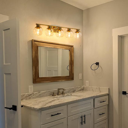 PAZALA Brushed Brass Bathroom Light Fixtures Over Mirror 5-Lights Vanity Light Wall Sconce with Globe Glass Shade E26 Base Perfect for Hallway Picture Wall Lighting Bathroom Bedroom Mirror Living Room