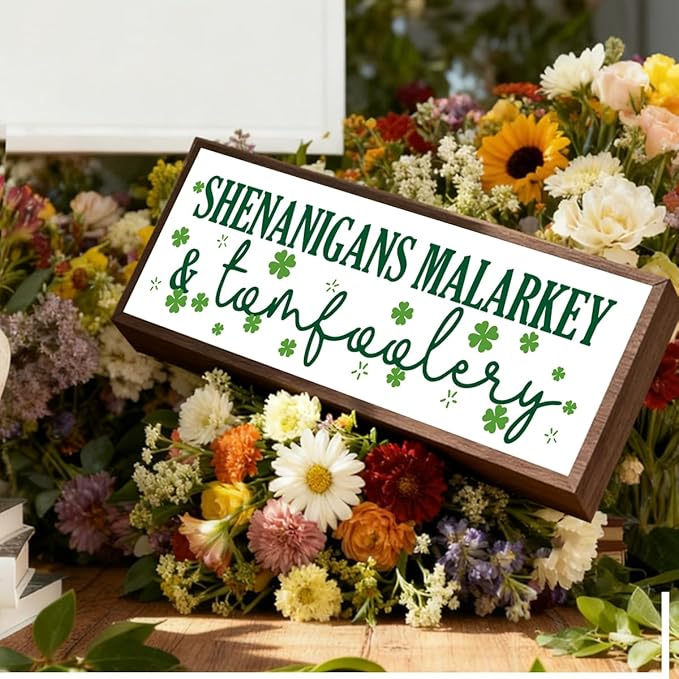 Shenanigans Malarkey & Tomfoolery Sign, Funny St Patricks Day Sign, Lucky Clover Decor Art, St. Patrick's Day Themed Decor for Home Office Party Cafe Shop Coffee Bar Club, 9.5x3.1x1 inches