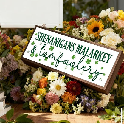 Shenanigans Malarkey & Tomfoolery Sign, Funny St Patricks Day Sign, Lucky Clover Decor Art, St. Patrick's Day Themed Decor for Home Office Party Cafe Shop Coffee Bar Club, 9.5x3.1x1 inches