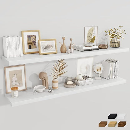 Fun Memories 12 Inch Deep Floating Shelves, 67 Inch Long Extra Large Floating Shelves Set of 2, Rustic Wood Wall Shelves for Living Room, Kitchen, Bedroom, Farmhouse, Laundry Room, Home Office - White