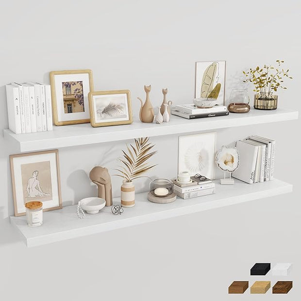 Fun Memories 12 Inch Deep Floating Shelves, 67 Inch Long Extra Large Floating Shelves Set of 2, Rustic Wood Wall Shelves for Living Room, Kitchen, Bedroom, Farmhouse, Laundry Room, Home Office - White