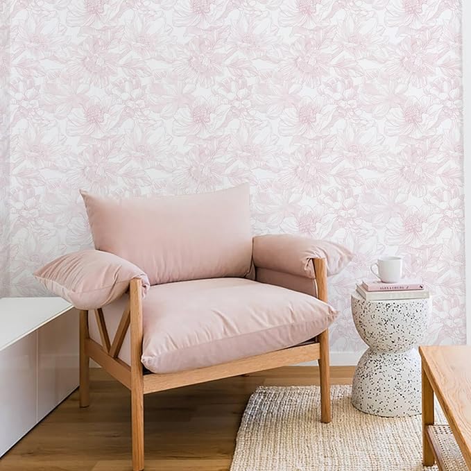 Ismoon Large Floral Peel and Stick Wallpaper Boho White/Pink Contact Paper 17.3inx16.3ft Removable Self Adhesive Bedroom Cabinet Mural Wall Decor Vinyl Roll