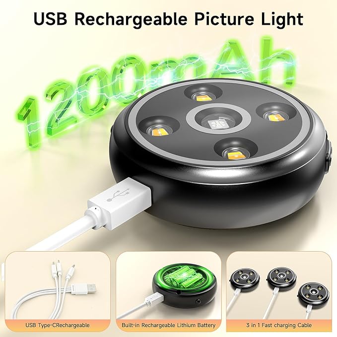 3 Pack Picture Light for Wall with 1200mAh Rechargeable Battery Operated Lights Remote Dimmable Timer Painting Light Magnetic 3 Adjustable Lighting RGB Modes Wall Decor Lights for Living Room (Black)